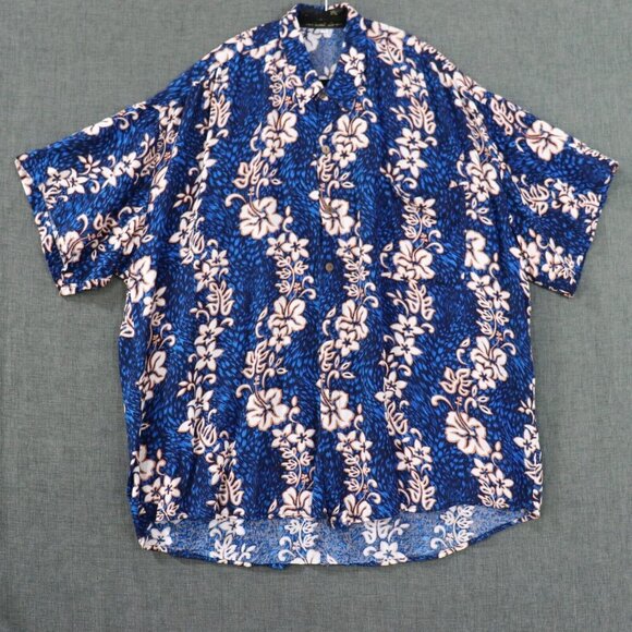 Pacific Line Bora Bora Aloha Camp Shirt Mens XL Deep Blue w Hibiscus - Picture 1 of 6